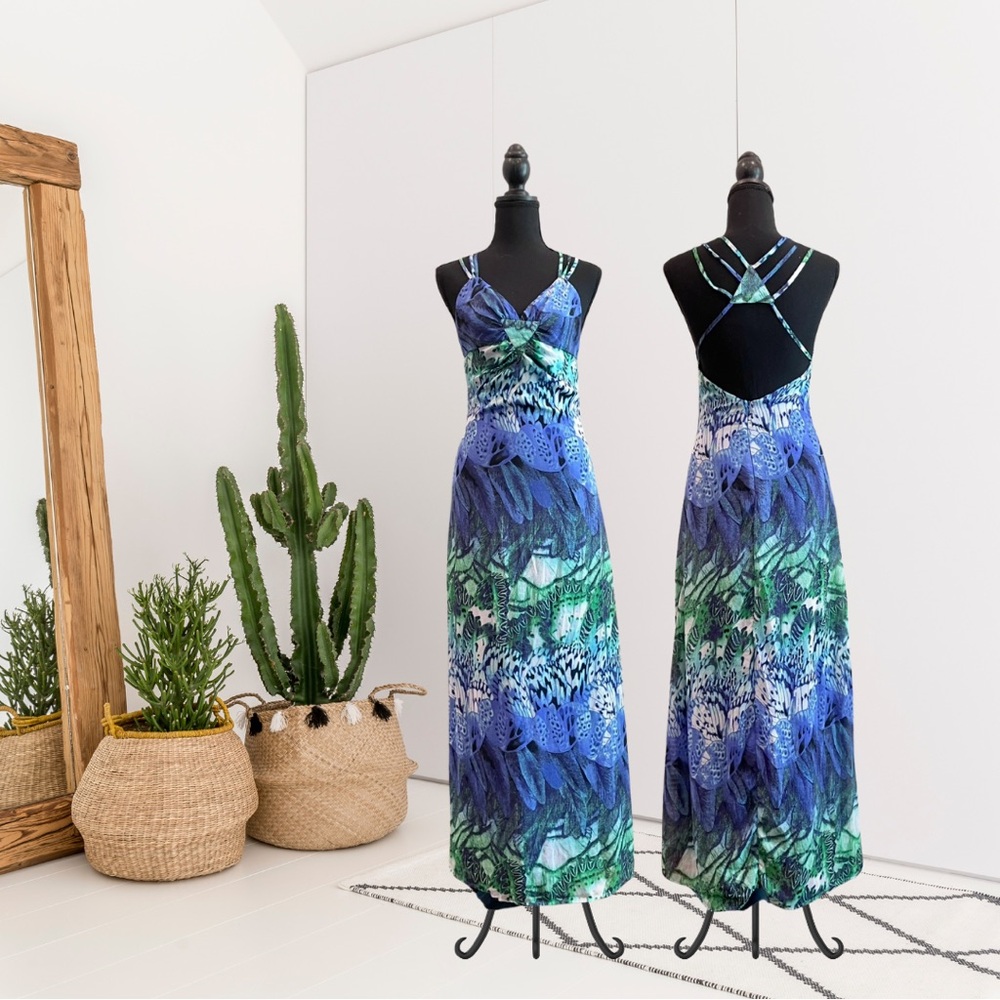 C.Luce Strappy Open Back Abstract Feather Maxi Dress